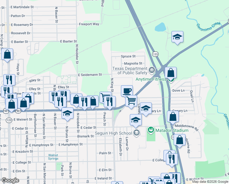 map of restaurants, bars, coffee shops, grocery stores, and more near 1107 Zunker Street in Seguin