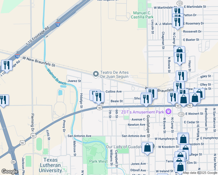 map of restaurants, bars, coffee shops, grocery stores, and more near 1512 7th Street in Seguin