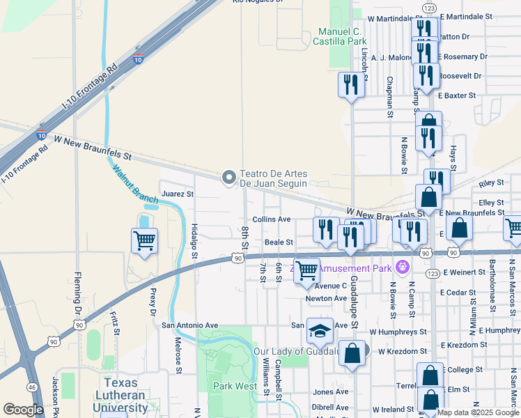 map of restaurants, bars, coffee shops, grocery stores, and more near 1512 7th Street in Seguin