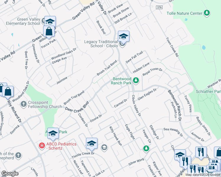 map of restaurants, bars, coffee shops, grocery stores, and more near 212 Spring Fawn in Cibolo