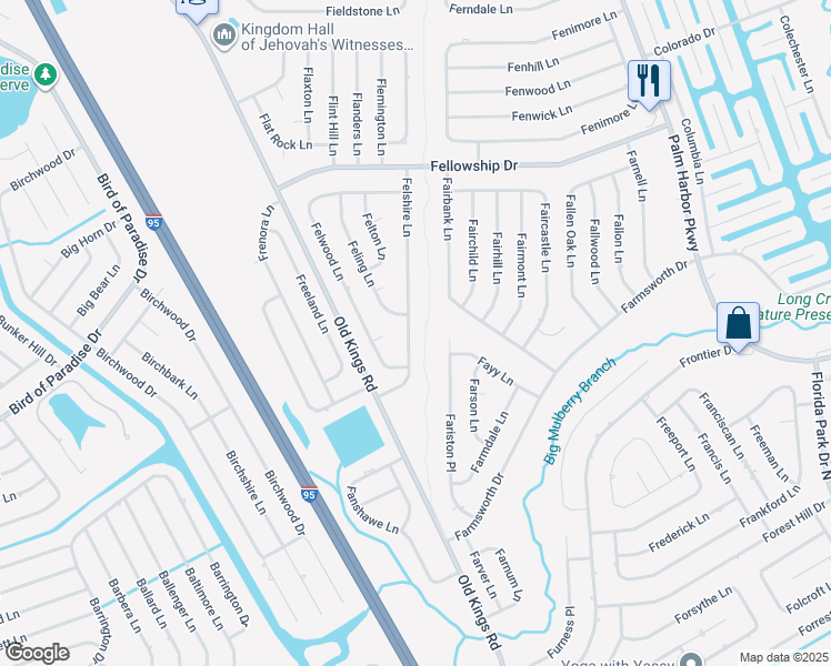map of restaurants, bars, coffee shops, grocery stores, and more near 25 Felshire Lane in Palm Coast