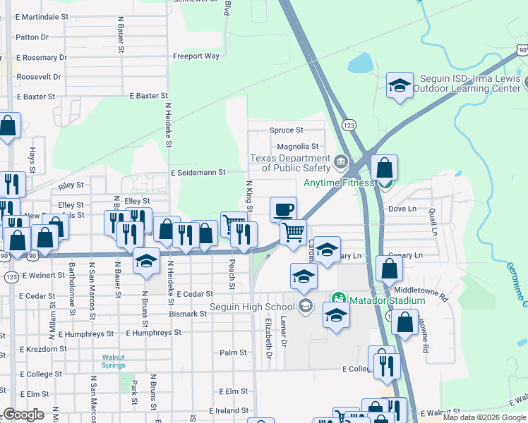 map of restaurants, bars, coffee shops, grocery stores, and more near 1114 Renee Way in Seguin