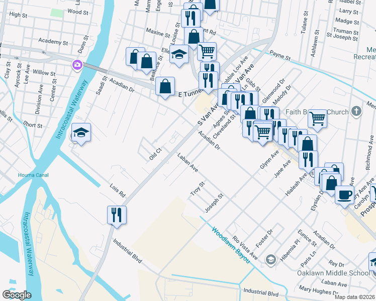 map of restaurants, bars, coffee shops, grocery stores, and more near 274 Cleveland Street in Houma
