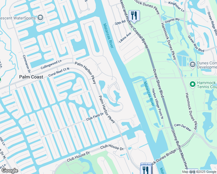 map of restaurants, bars, coffee shops, grocery stores, and more near 76 Riverview Bend South in Palm Coast