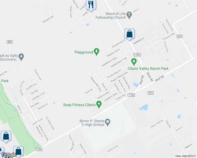 map of restaurants, bars, coffee shops, grocery stores, and more near 317 Lasso Lane in Cibolo