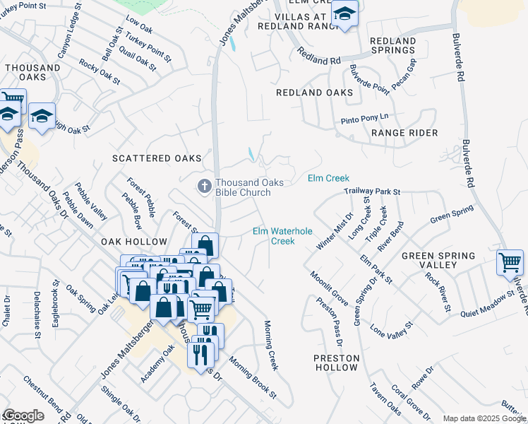 map of restaurants, bars, coffee shops, grocery stores, and more near 15410 Fall Place Drive in San Antonio