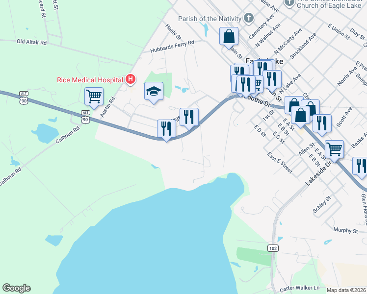 map of restaurants, bars, coffee shops, grocery stores, and more near 708 South McCarty Avenue in Eagle Lake