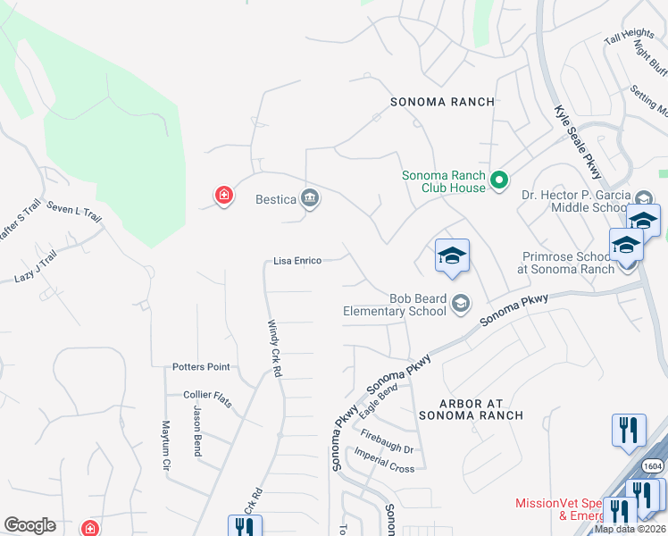 map of restaurants, bars, coffee shops, grocery stores, and more near 9116 Pedernales Rio in Helotes
