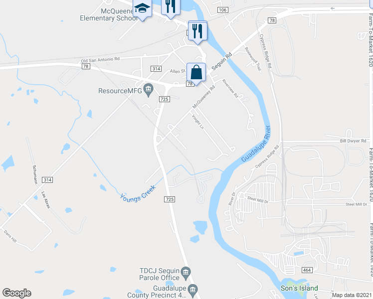 map of restaurants, bars, coffee shops, grocery stores, and more near 210 Ramirez Lane in McQueeney