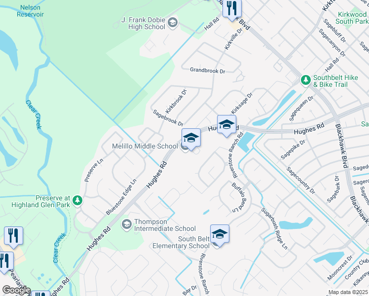 map of restaurants, bars, coffee shops, grocery stores, and more near 9220 Hughes Road in Houston