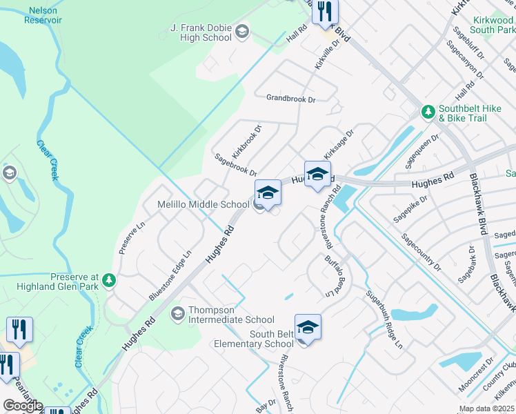map of restaurants, bars, coffee shops, grocery stores, and more near 9220 Hughes Road in Houston