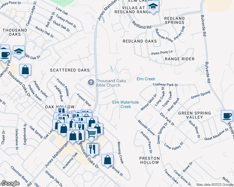 map of restaurants, bars, coffee shops, grocery stores, and more near 15410 Fall Place Drive in San Antonio