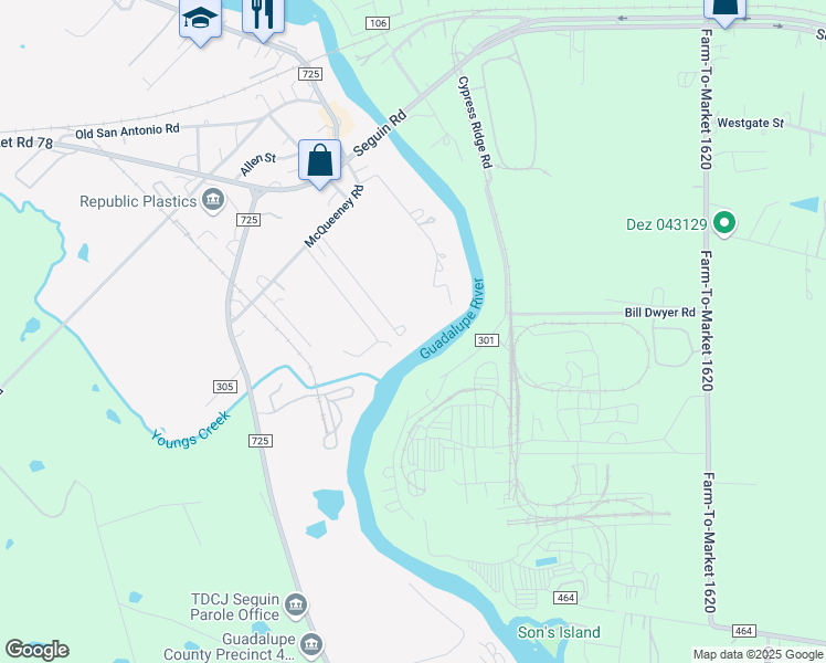 map of restaurants, bars, coffee shops, grocery stores, and more near 376 Voight Lane in McQueeney