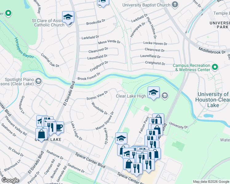 map of restaurants, bars, coffee shops, grocery stores, and more near 16042 Manor Square Drive in Houston