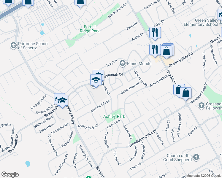 map of restaurants, bars, coffee shops, grocery stores, and more near 3713 Whitaker in Schertz
