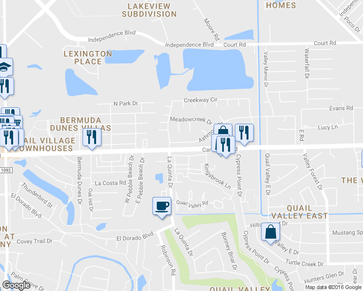 map of restaurants, bars, coffee shops, grocery stores, and more near 2915 Ashmont Drive in Missouri City
