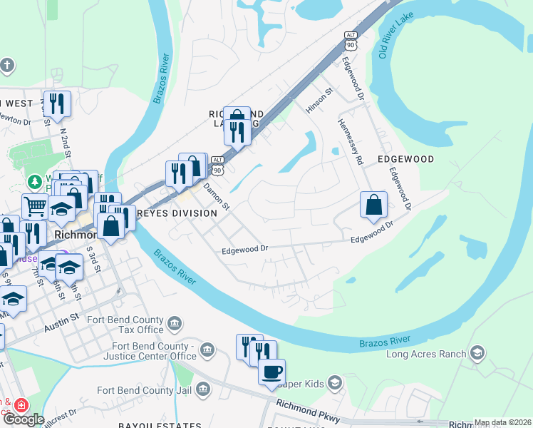 map of restaurants, bars, coffee shops, grocery stores, and more near 409 Damon Street in Richmond