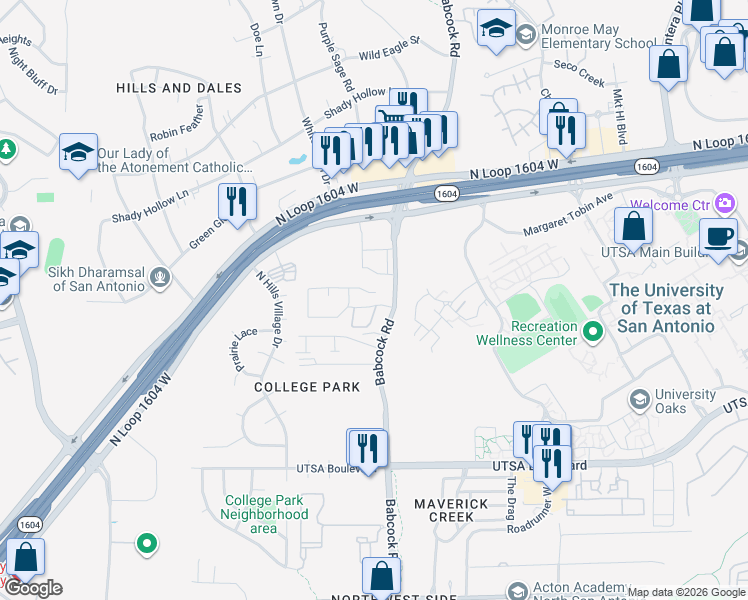 map of restaurants, bars, coffee shops, grocery stores, and more near 7310 Rocky Cedar in San Antonio