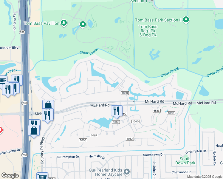 map of restaurants, bars, coffee shops, grocery stores, and more near 3221 River Birch Drive in Pearland