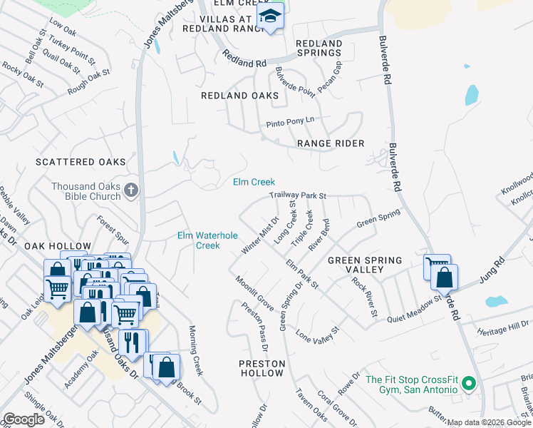 map of restaurants, bars, coffee shops, grocery stores, and more near 3405 Cedar Grove Street in San Antonio