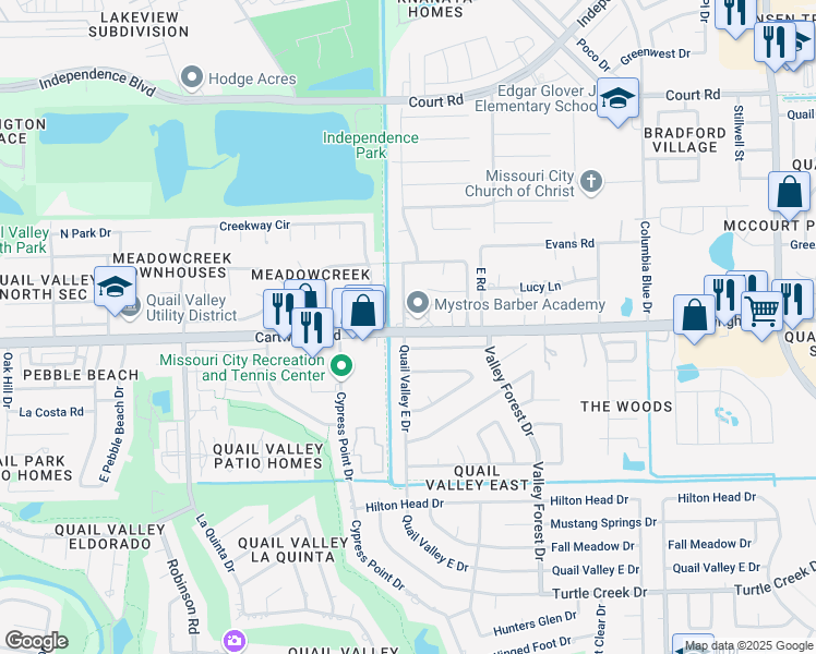 map of restaurants, bars, coffee shops, grocery stores, and more near 3023 Quail Valley East Drive in Missouri City