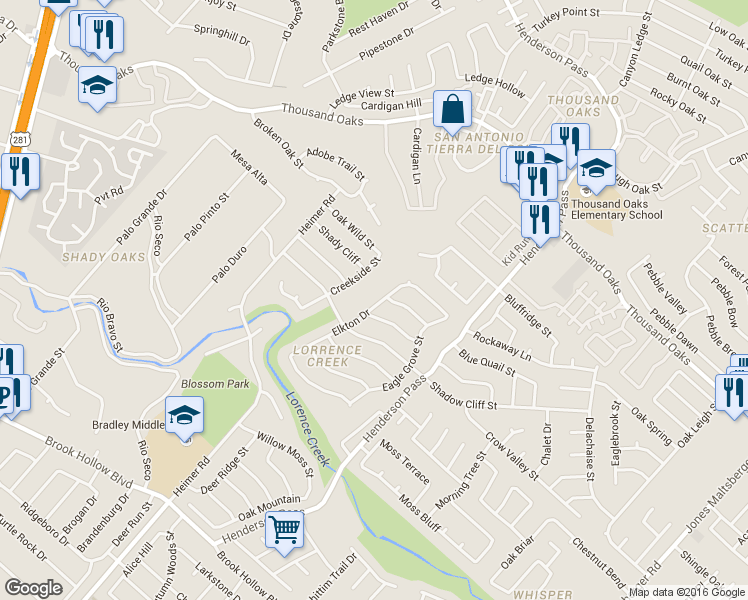 map of restaurants, bars, coffee shops, grocery stores, and more near 2300 Tory Hill Street in San Antonio