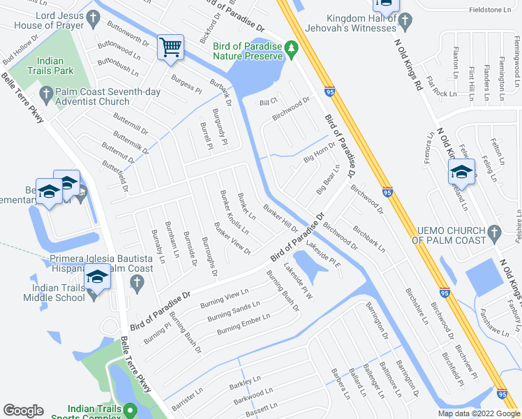 map of restaurants, bars, coffee shops, grocery stores, and more near 23 Bunker Hill Drive in Palm Coast