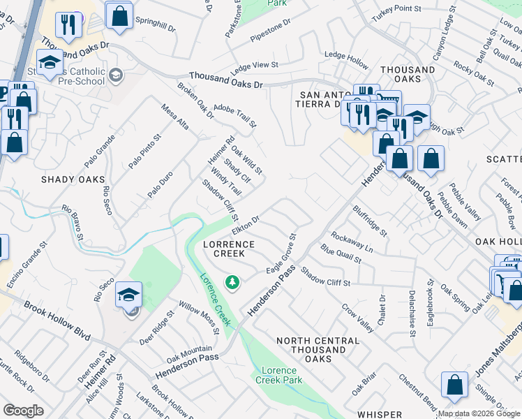map of restaurants, bars, coffee shops, grocery stores, and more near 2300 Tory Hill Street in San Antonio