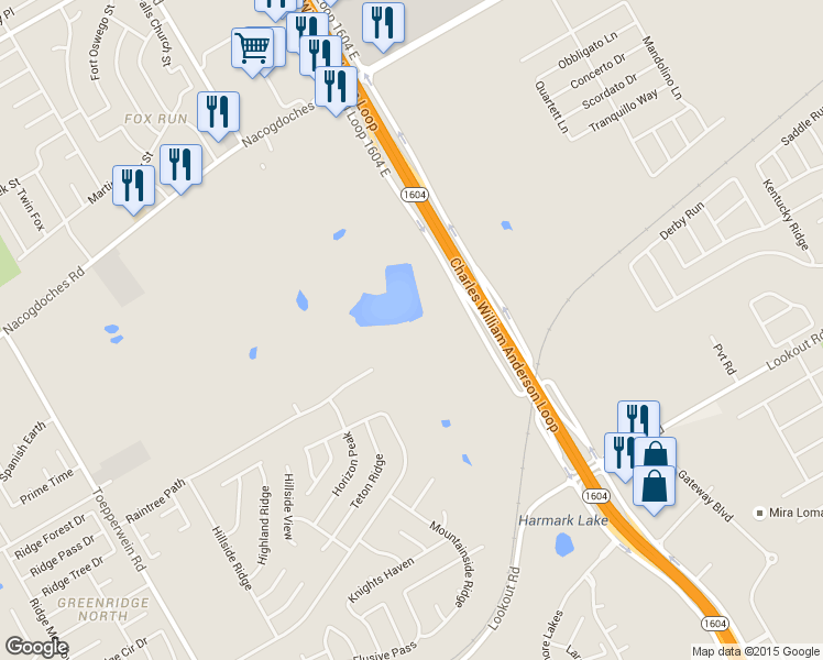 map of restaurants, bars, coffee shops, grocery stores, and more near 7196 North Loop 1604 East in San Antonio