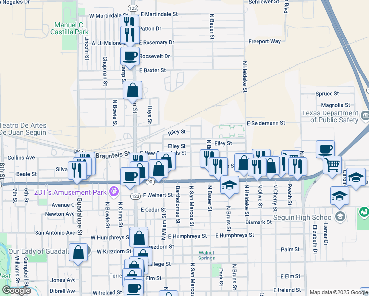 map of restaurants, bars, coffee shops, grocery stores, and more near 528 East New Braunfels Street in Seguin