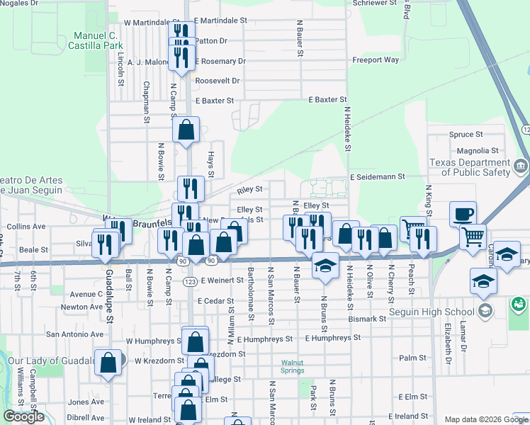 map of restaurants, bars, coffee shops, grocery stores, and more near 528 East New Braunfels Street in Seguin