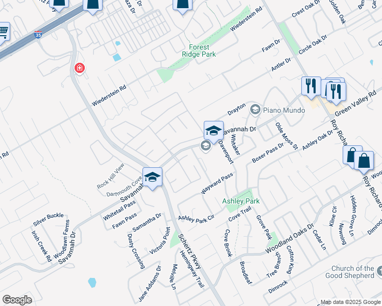map of restaurants, bars, coffee shops, grocery stores, and more near 3577 Peachtree Lane in Schertz