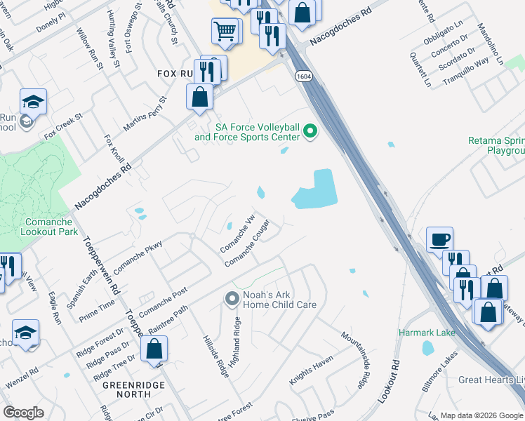 map of restaurants, bars, coffee shops, grocery stores, and more near 6939-6943 Raintree Path in San Antonio