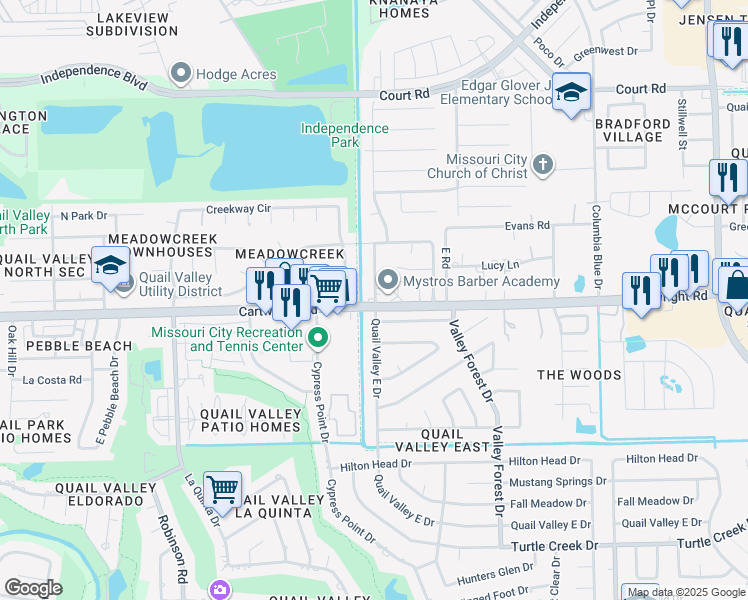 map of restaurants, bars, coffee shops, grocery stores, and more near 3023 Quail Valley East Drive in Missouri City