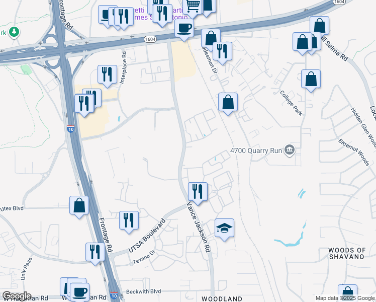 map of restaurants, bars, coffee shops, grocery stores, and more near 14838 Vance Jackson Road in San Antonio