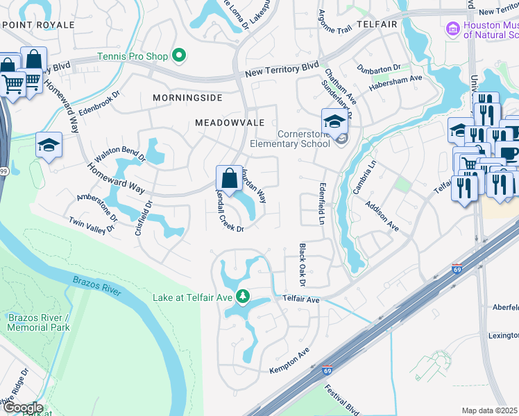 map of restaurants, bars, coffee shops, grocery stores, and more near 6630 Kendall Creek Drive in Sugar Land