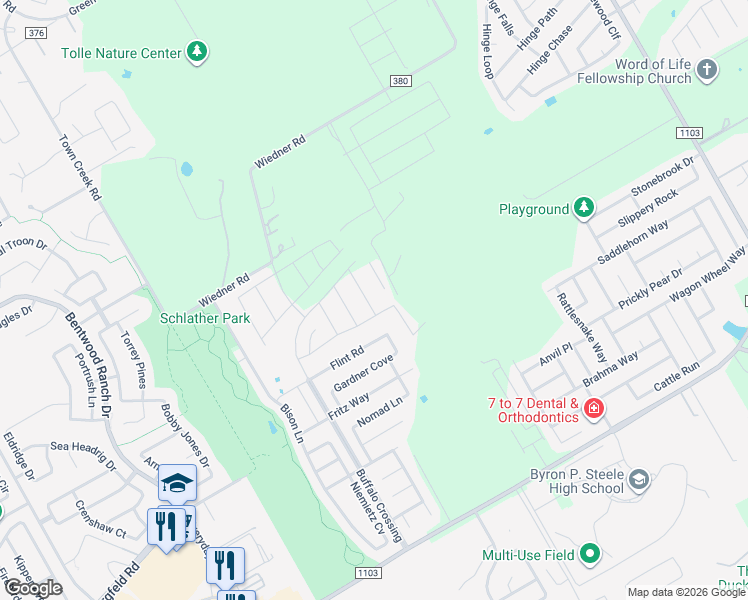 map of restaurants, bars, coffee shops, grocery stores, and more near 409 Hinsdale Run in Cibolo