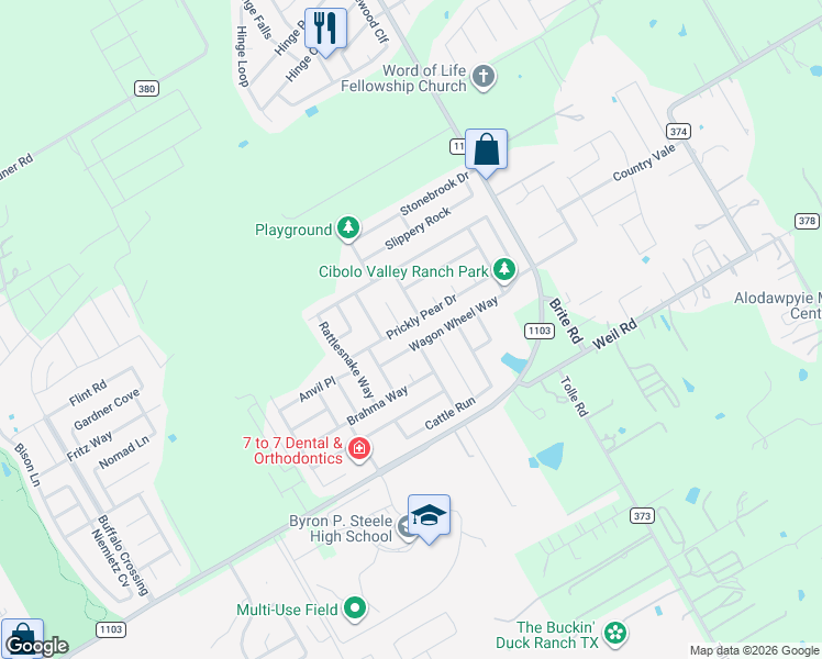map of restaurants, bars, coffee shops, grocery stores, and more near 361 Prickly Pear Drive in Cibolo