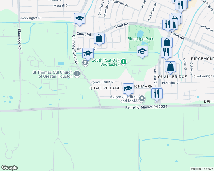 map of restaurants, bars, coffee shops, grocery stores, and more near 6102 Quiet Village Court in Houston