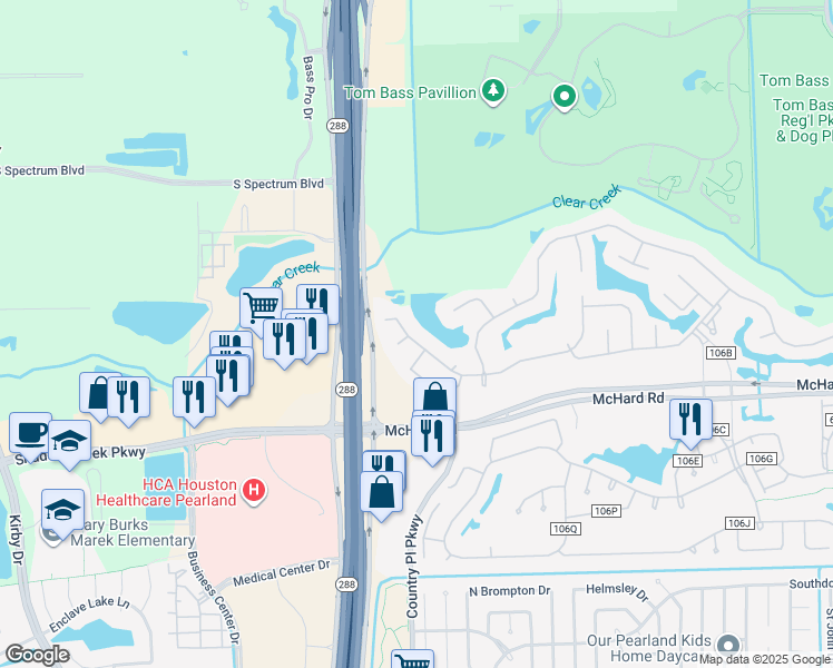 map of restaurants, bars, coffee shops, grocery stores, and more near 814 North Elder Grove Drive in Pearland