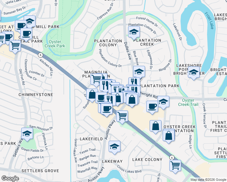 map of restaurants, bars, coffee shops, grocery stores, and more near 4622 Magnolia Lane in Sugar Land