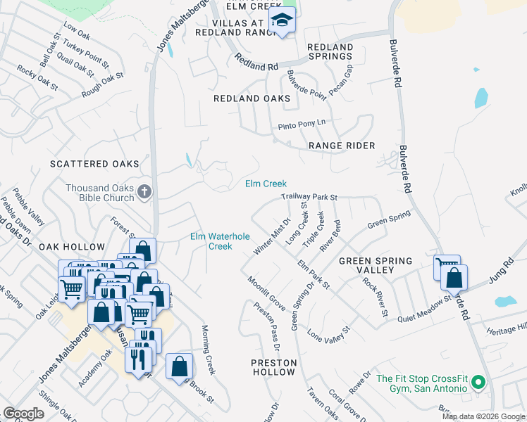 map of restaurants, bars, coffee shops, grocery stores, and more near 3405 Cedar Grove Street in San Antonio