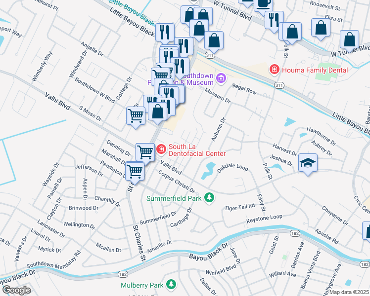 map of restaurants, bars, coffee shops, grocery stores, and more near 398 Rue Saint Sydney in Houma