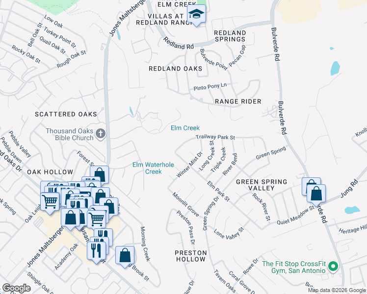 map of restaurants, bars, coffee shops, grocery stores, and more near 3405 Cedar Grove Street in San Antonio