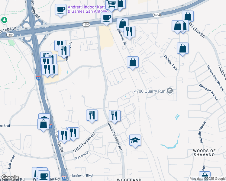 map of restaurants, bars, coffee shops, grocery stores, and more near 14838 Vance Jackson Road in San Antonio