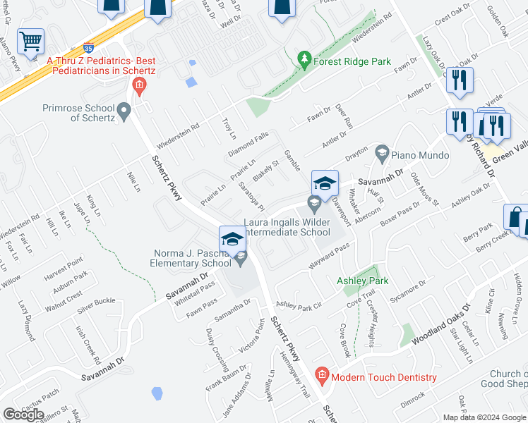 map of restaurants, bars, coffee shops, grocery stores, and more near 3656 Marietta Lane in Schertz