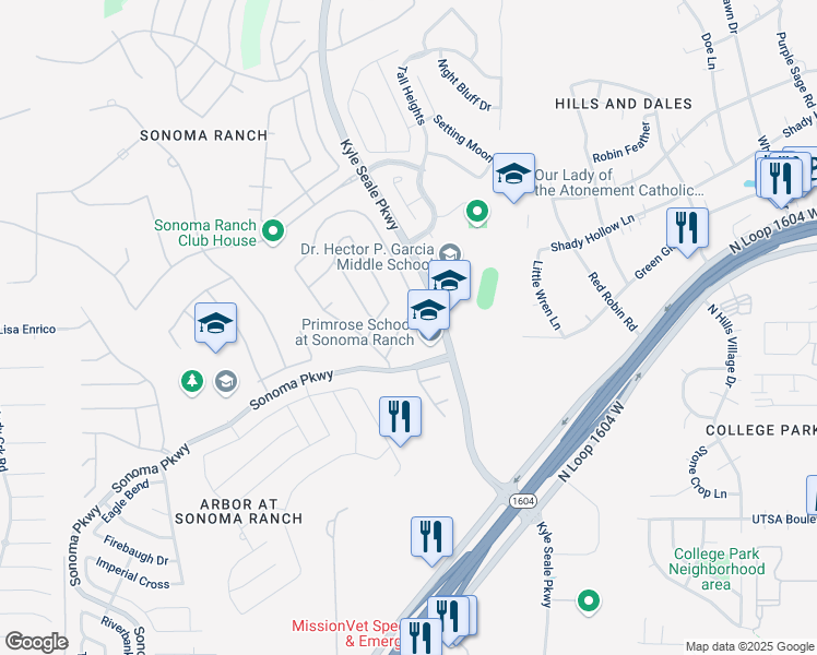 map of restaurants, bars, coffee shops, grocery stores, and more near 14875 Kyle Seale Parkway in San Antonio