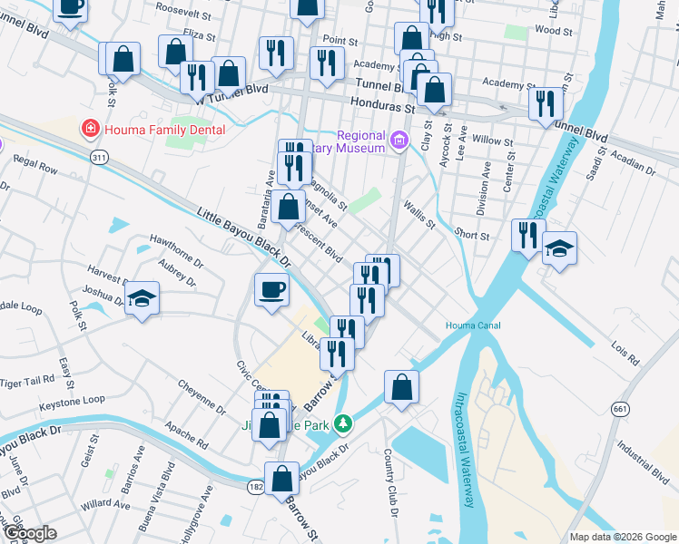map of restaurants, bars, coffee shops, grocery stores, and more near 605 Morningside Drive in Houma