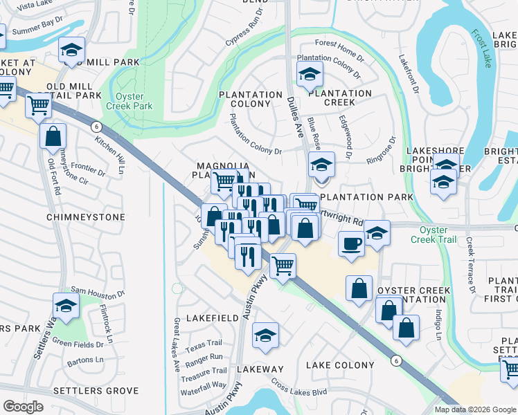 map of restaurants, bars, coffee shops, grocery stores, and more near 2823 Gray Moss Court in Sugar Land