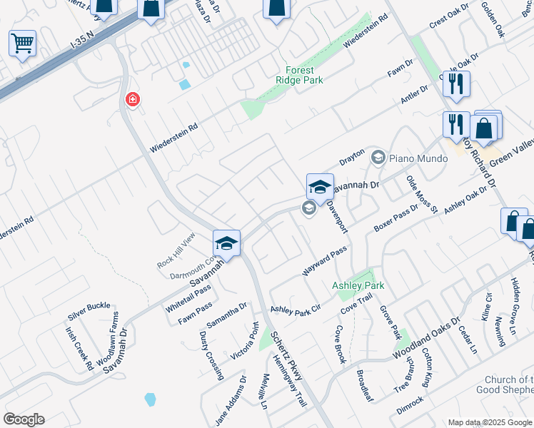 map of restaurants, bars, coffee shops, grocery stores, and more near 3577 Peachtree Lane in Schertz